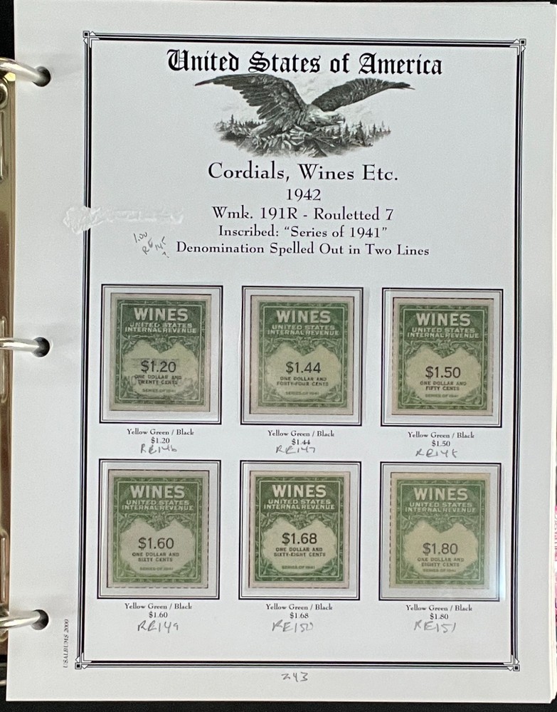 U.S. Distilled Spirits & Excise Tax Stamps Album 239 Color Pages 1914-1970 ZAYIX