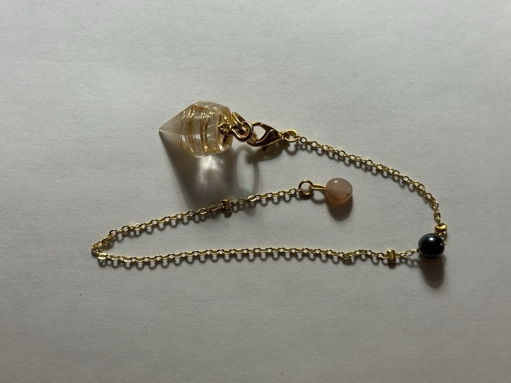 1” Pocket Pendulum –Clear Quartz, copper core coil, pink Opal/hematite- Dowsing