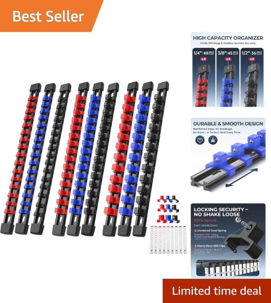 Versatile Socket Clip Rail Holder - 9-Piece Set, Color-Coded for Easy Access