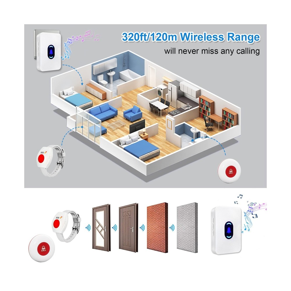 Daytech Wireless Caregiver Pager Call Button Elderly Nurse Alert System for E...