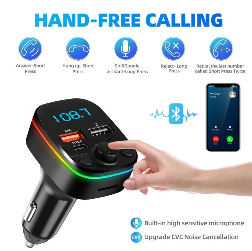 Car FM Transmitter Bluetooth 5.0 Handsfree With TypeC Dual USB 3.4A Fast Charger