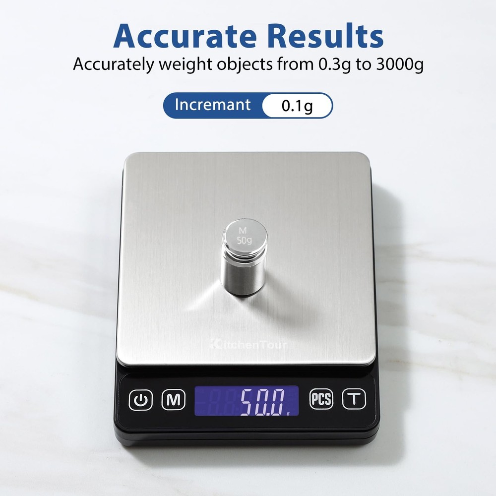 KitchenTour Digital Kitchen Gram Scale 3000g/0.1g High Accuracy LCD Display