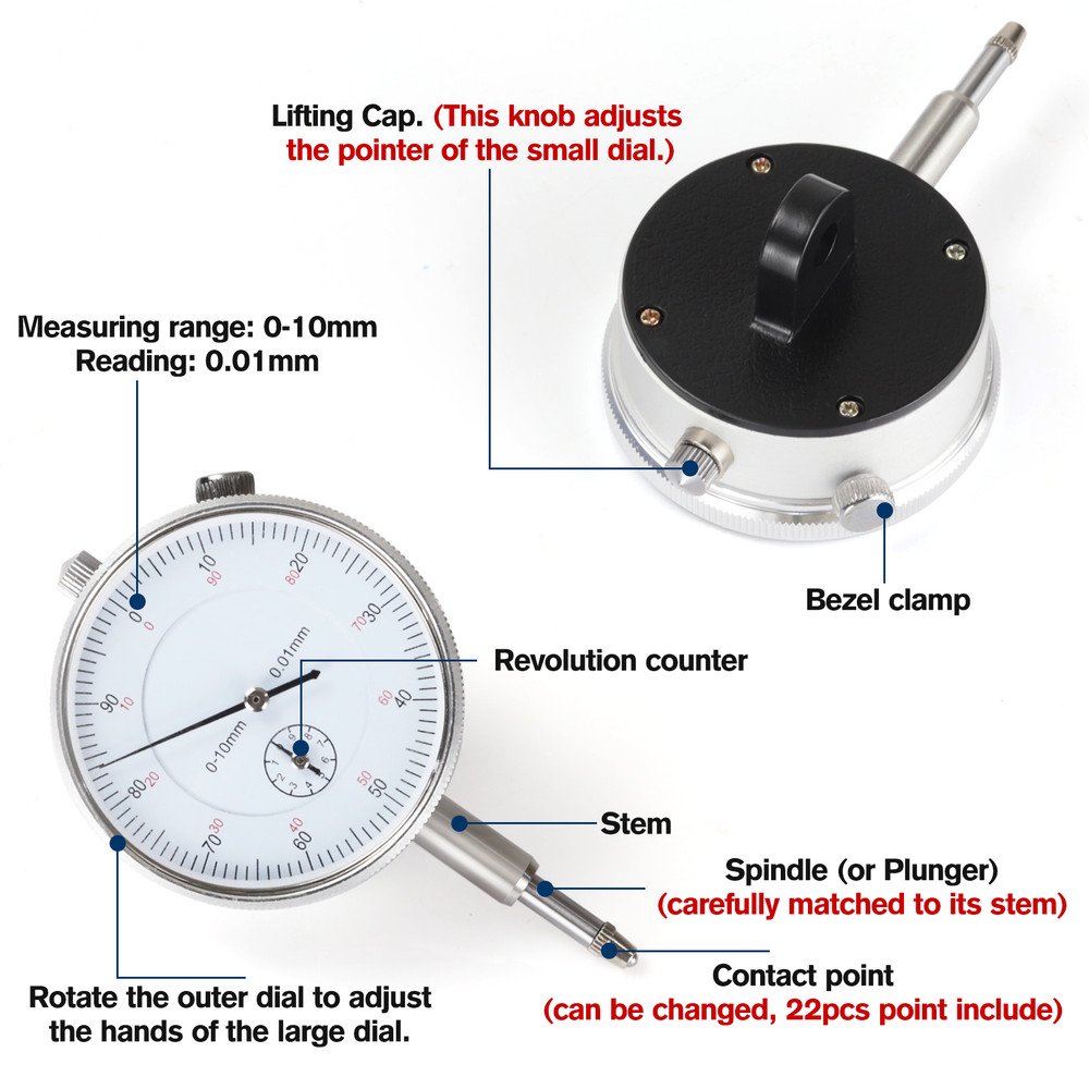 Dial Indicator with Magnetic Base 0.001"Precision Gauge Test Indicator Point Set