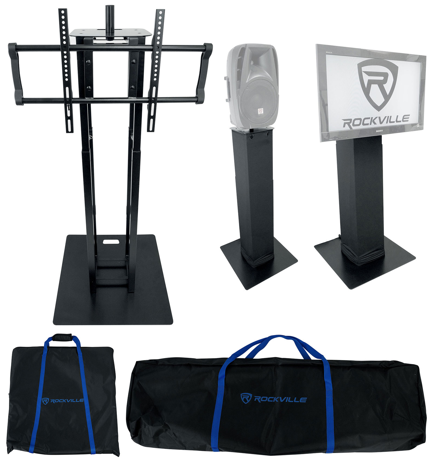 2) Rockville RTP33-TV Black Totem DJ Speaker/Lighting Stands+Detachable TV Mount