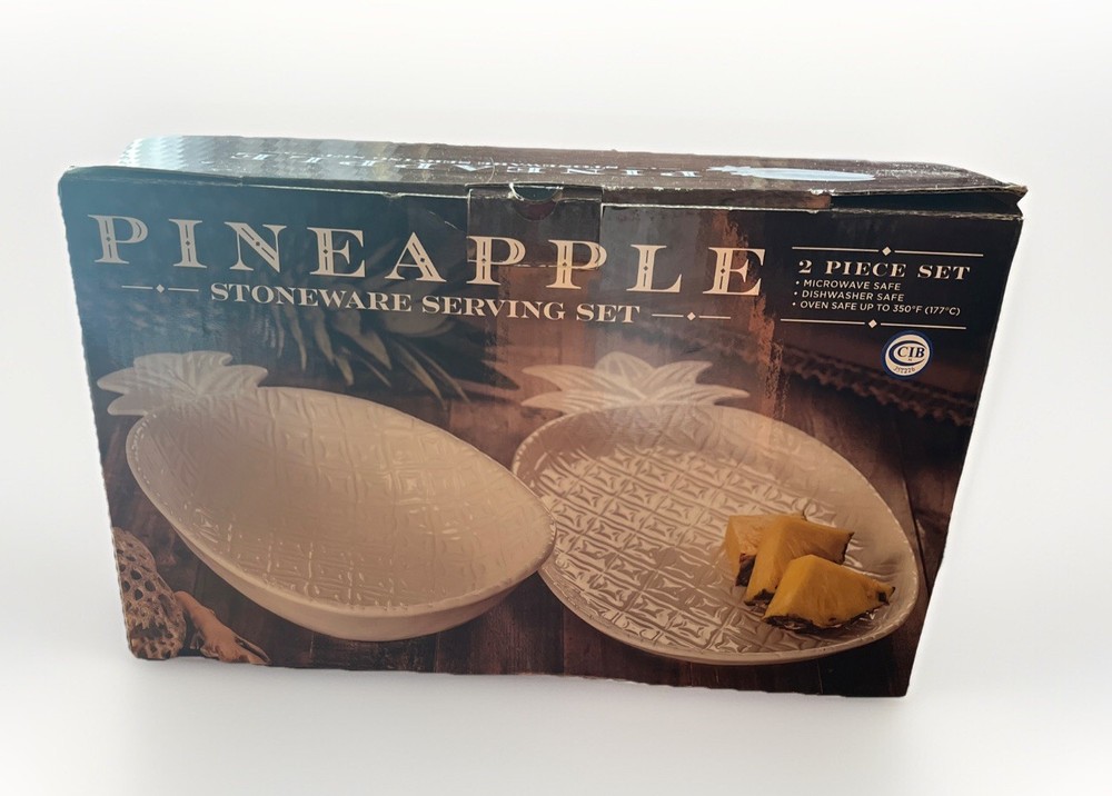 Stoneware 2pc Serving Set White Embossed Pineapple Bowl & Platter NEW Open Box