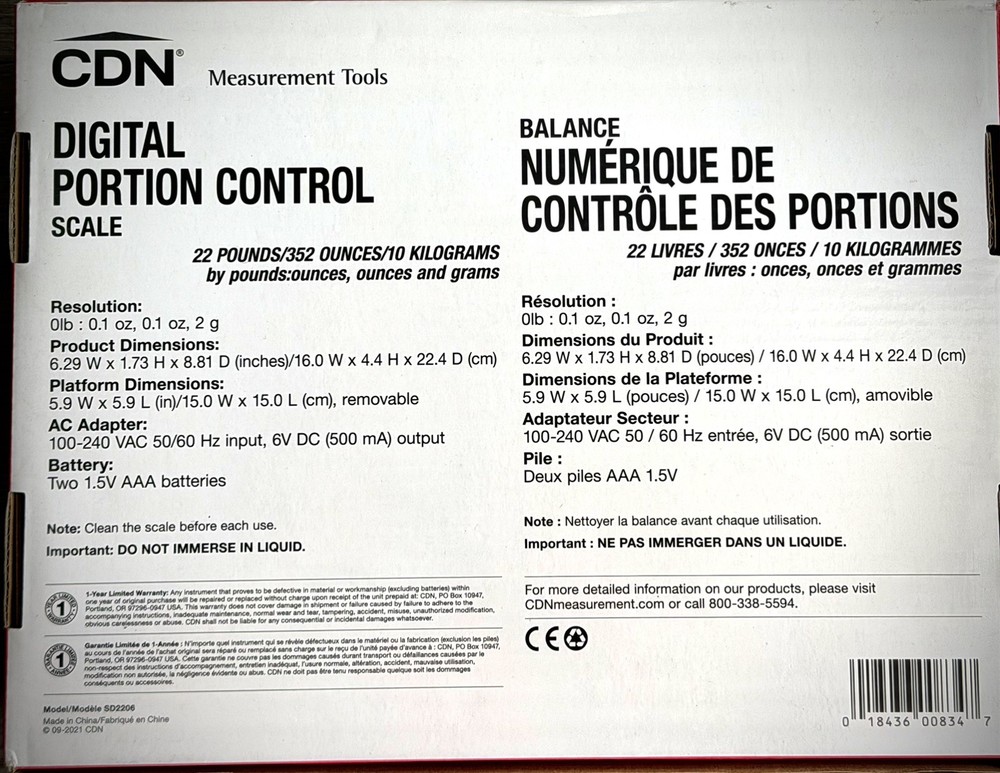 CDN SD2206 22lb Capacity Digital Portion Scale USER FRIENDLY