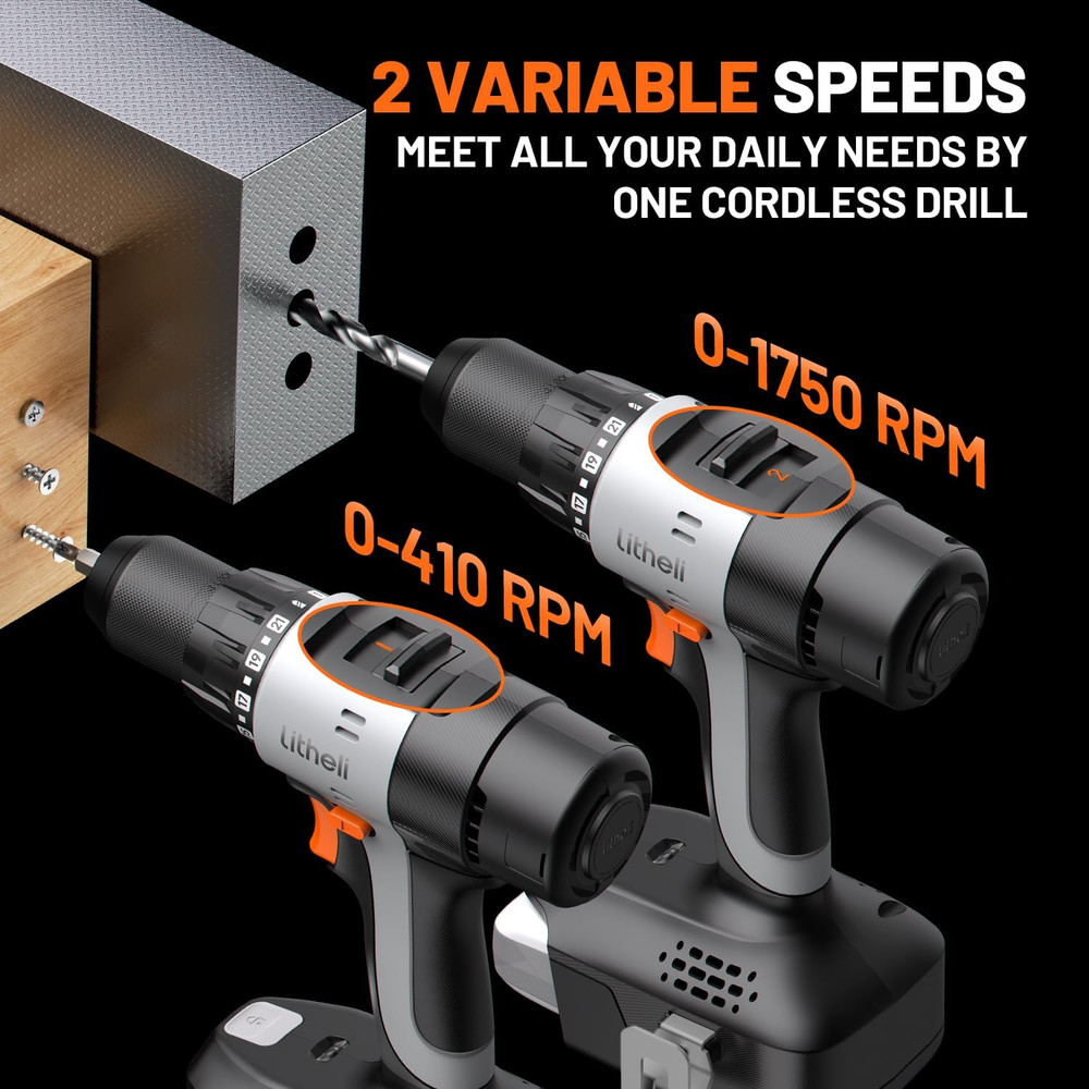 Cordless Drill Driver, Electric Power Drill with 2 Variable Speed Settings, 1/2