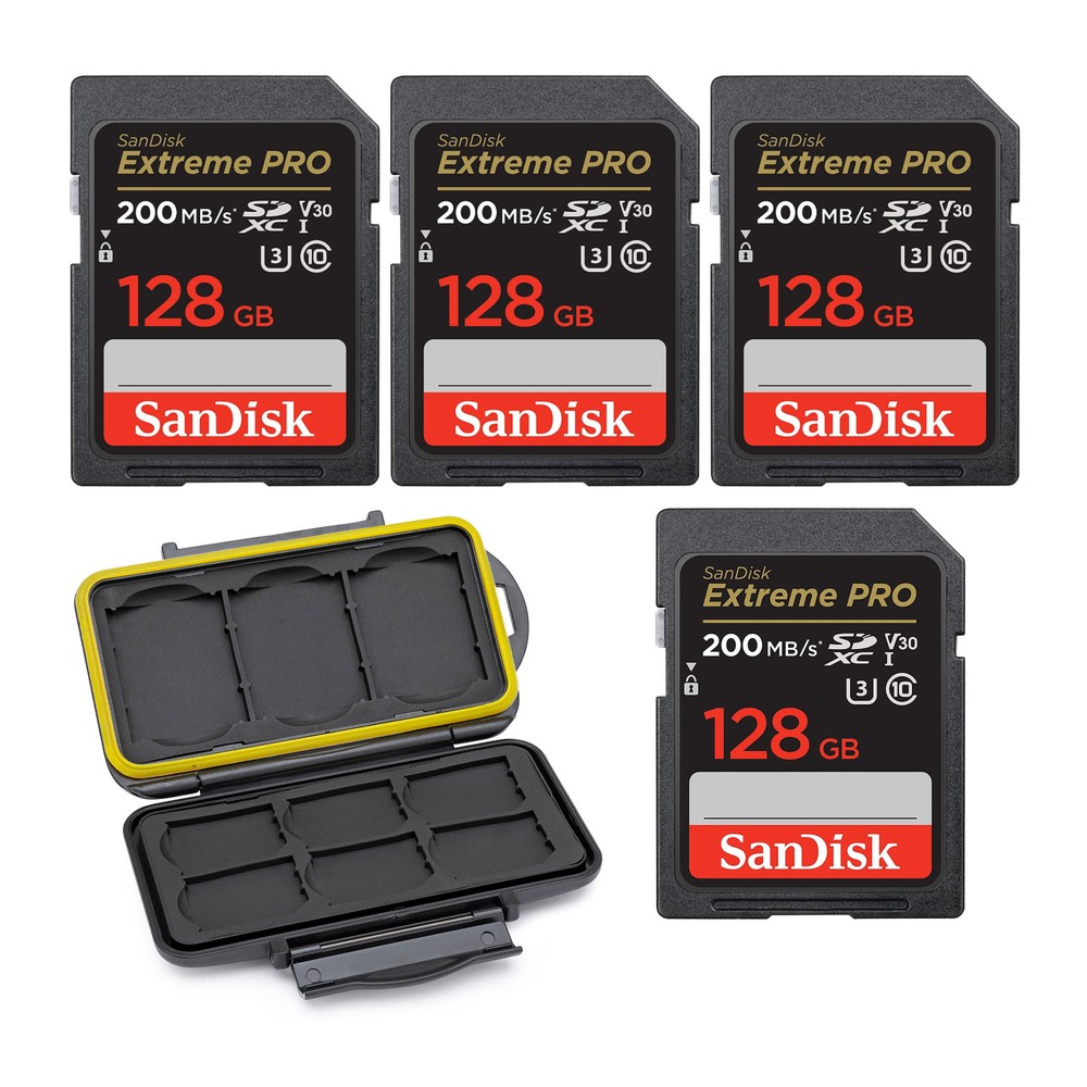 SanDisk 128GB Extreme PRO 200MBs Memory Card 4 pack with Memory Case bundle