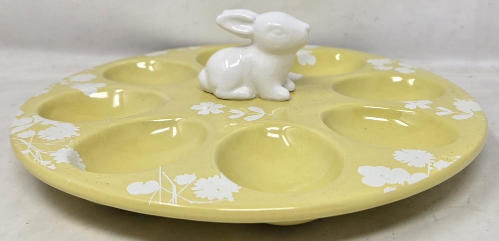 Yellow White Floral Bunny Rabbit Deviled Egg Plate Dish Server 8 Eggs Easter