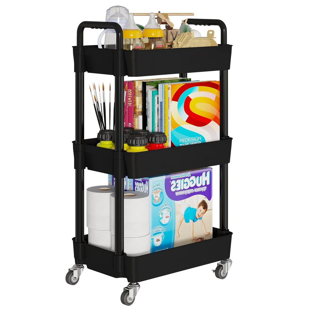 3Tier Utility Rolling Kitchen Storage Cart Organizer Black Lockable Wheels