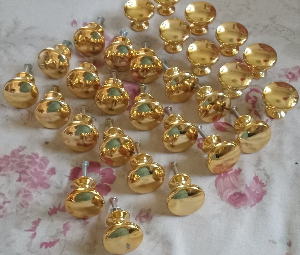 Knobs 29 Gold Tone Metal , 1" Round ~ with some screws Kitchen ~