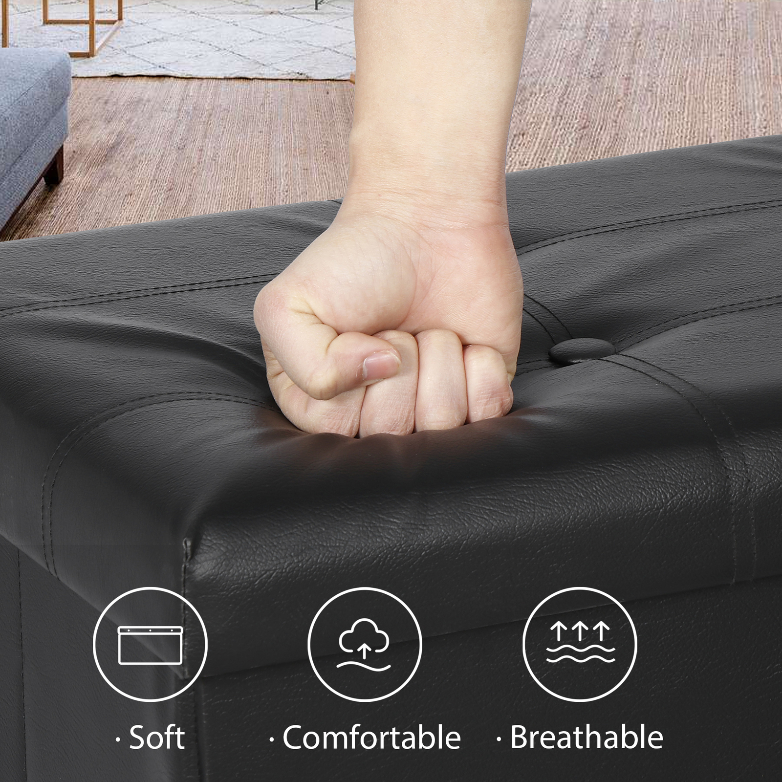 43 Inches Folding Storage Ottoman Bench Storage Chest Footrest wi/ Divider Black