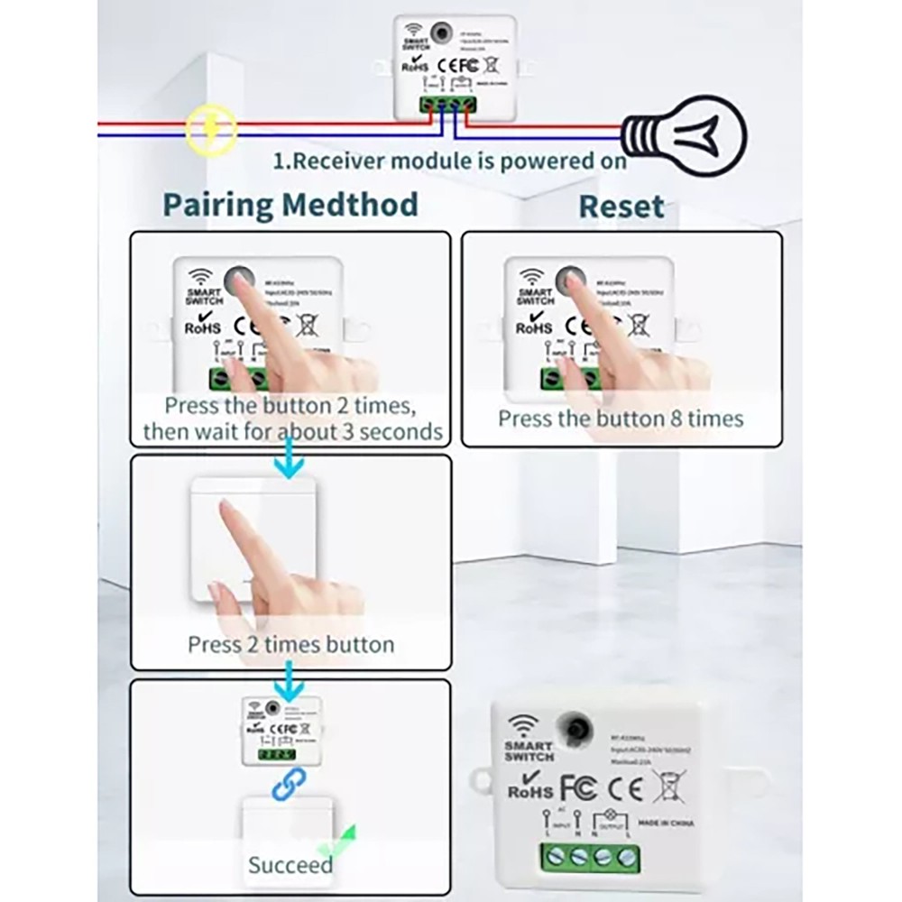 433MHz Wireless Light Switch Wall Panel Remote Control Lamp Receiver Tools
