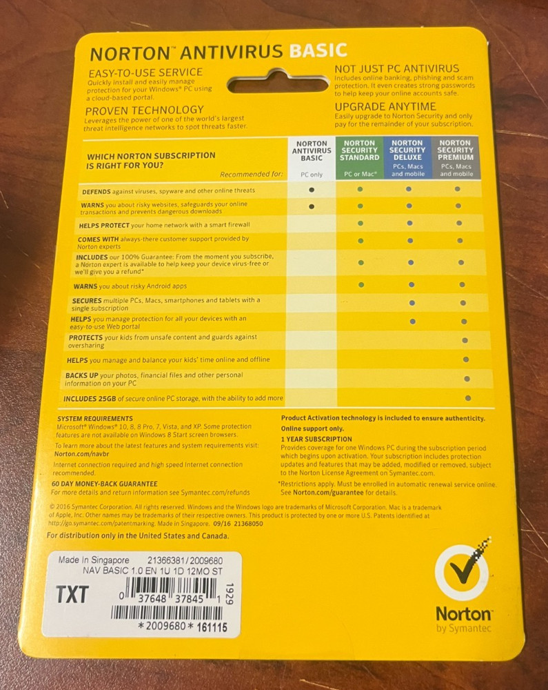 Norton by Symantec Antivirus Basic 1 Year Subscription. 1 Windows PC