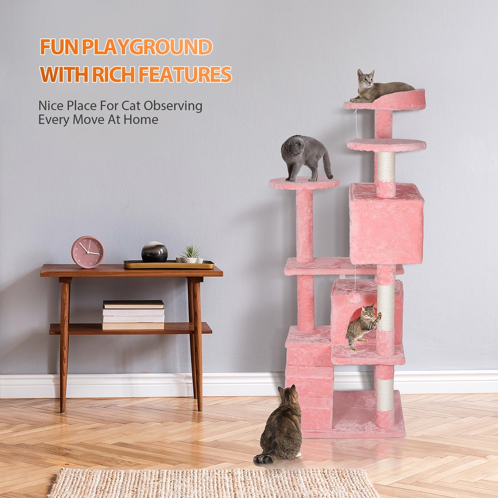 55'' Stable Cat Tree Tower Condo Multi Platforms Cat Play House Pink