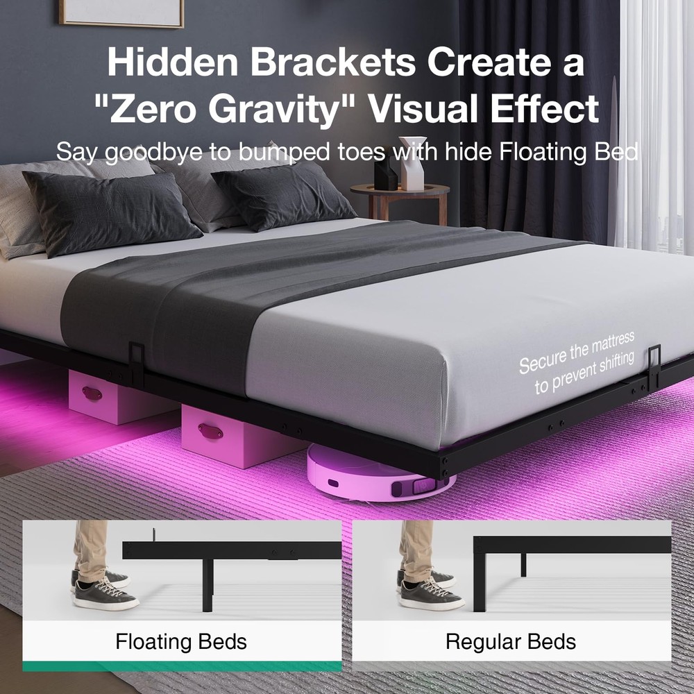 Floating Bed Frame with LED Lights, Modern Platform Queen Bed Frame with Matt...