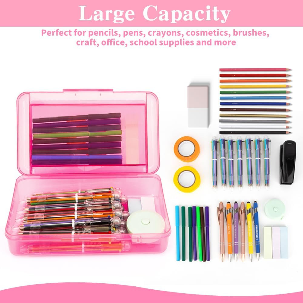 Pencil Case, Double Layer Large Capacity Pink Plastic Pencil Box, Clear Crayon B
