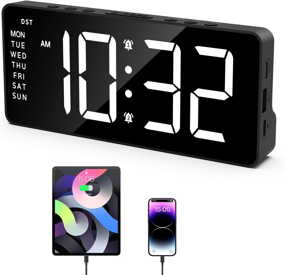 ORIA digital alarm clock LED display rechargeable desk clock