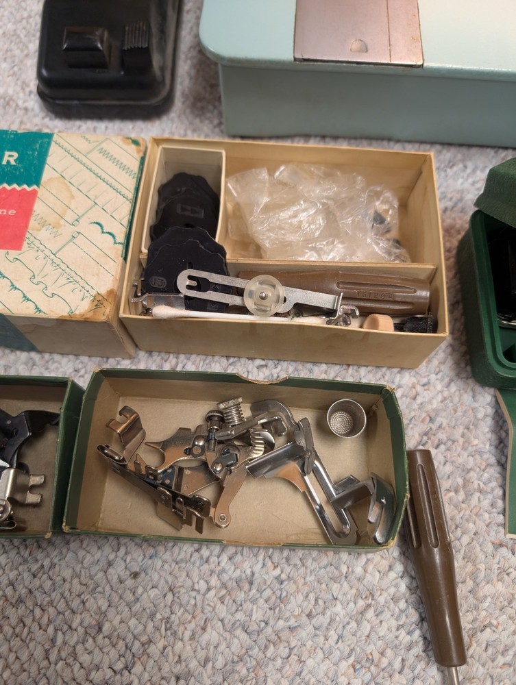 SINGER 338 Sewing Machine Blue With Attachments. Working