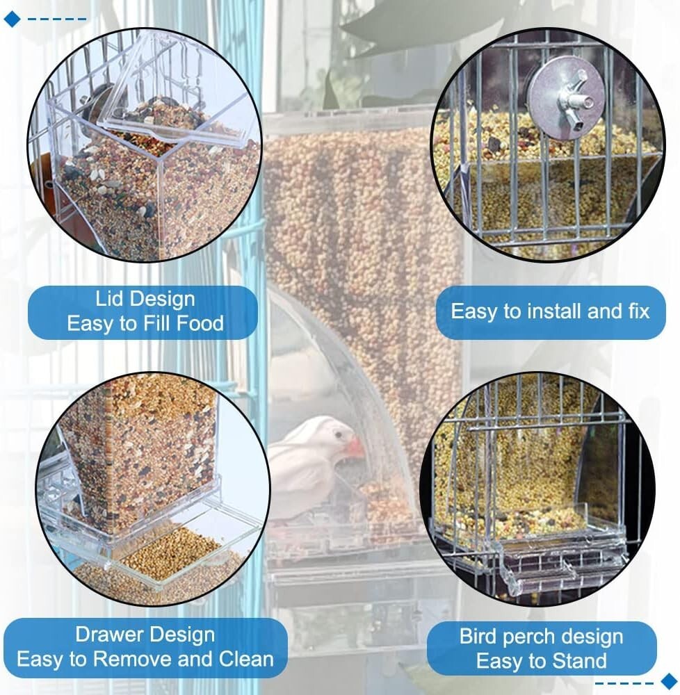 Transparent Automatic Bird Seed Feeders for Parrots - 2 Pack with Perches