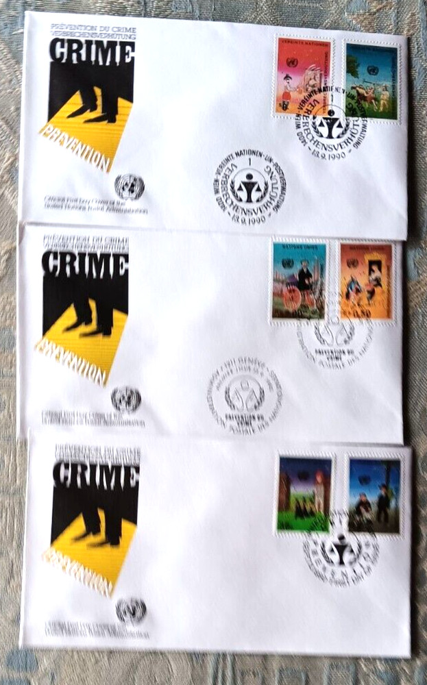 CRIME PREVENTION 1990  COMPLETE SET 6 STAMPS UNITED NATIONS 3 FDCS UNADDR