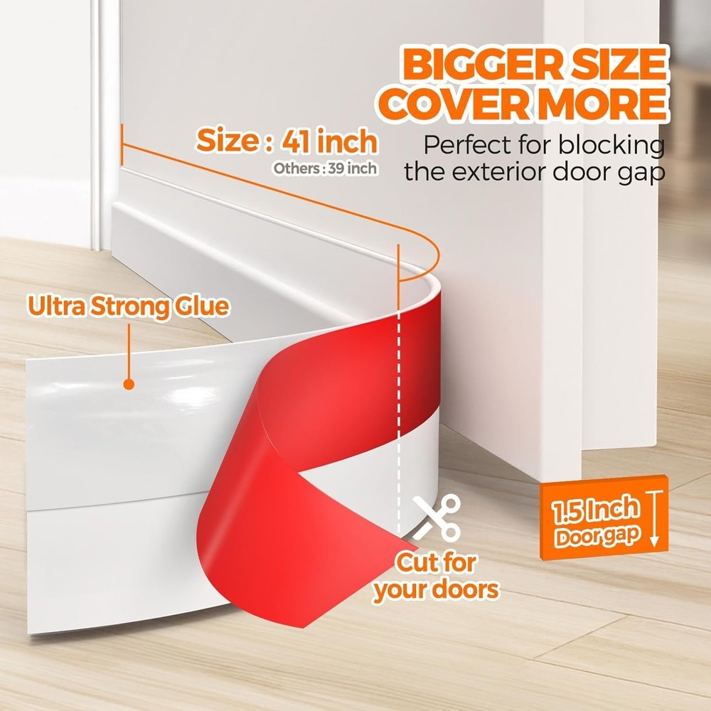 41-Inch White Door Draft Stopper - Strong Adhesive Noise Reduction Solution