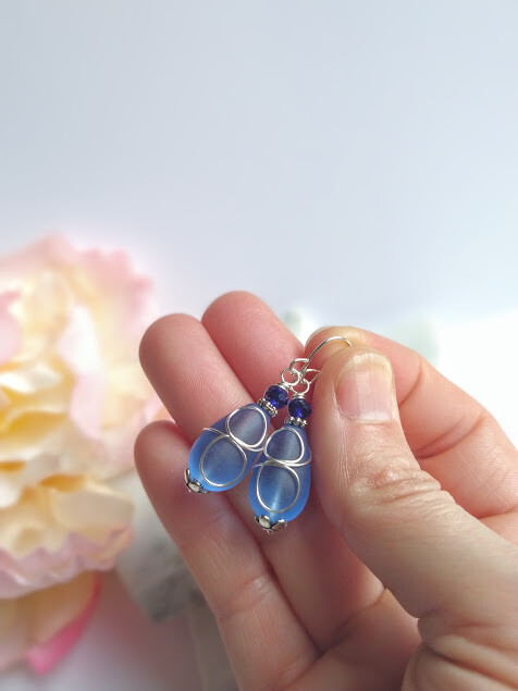 Cobalt Blue Sea Glass Teardrop, Silver Ladies Dangle Earrings, Beach Fashion