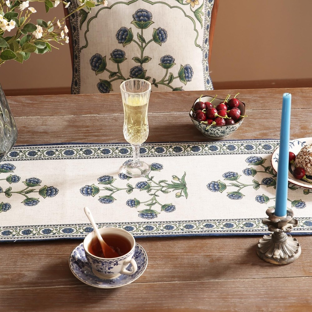patdrea Designer Blue Rustic Elegant Floral Patterned Linen Table Runner 102 ...