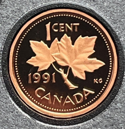 CANADA 1991 Uncirculated PROOF Maple Leaf 1 One Small Cent plucked from Mint Set
