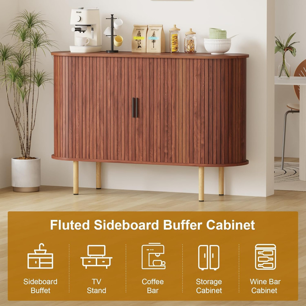 Modern 47" Walnut Sideboard Buffet Cabinet with Sliding Doors & Adjustable Shelv
