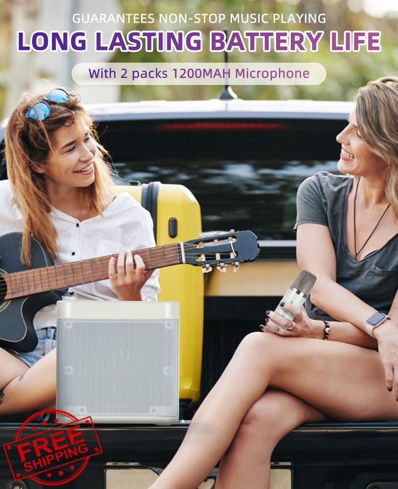 Off White Mini Karaoke Machine Bluetooth PA Speaker 2 Mics