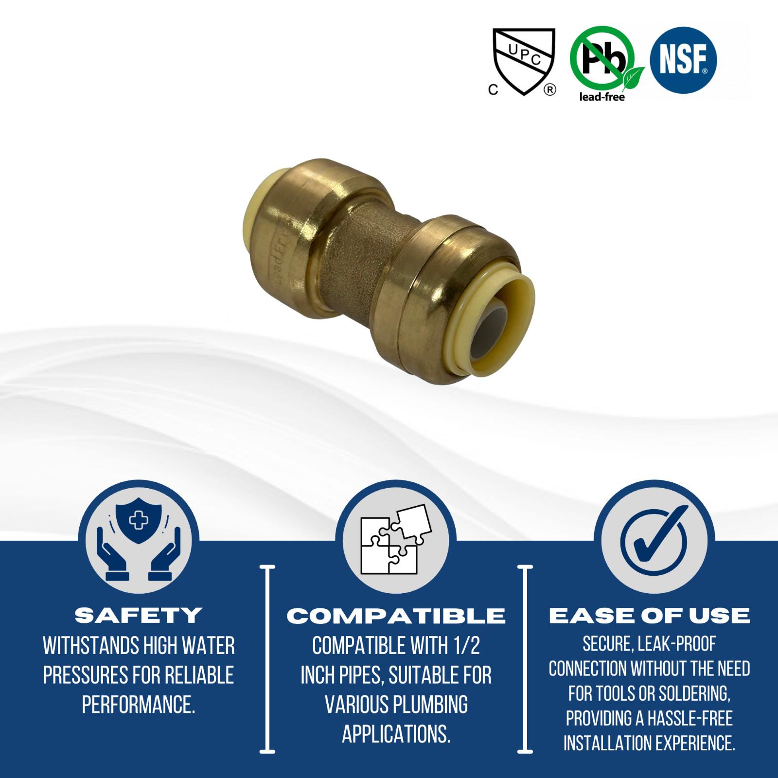 10 PIECES 1/2" X 1/2" PUSH FIT COUPLINGS FITTINGS NEW! LEAD FREE