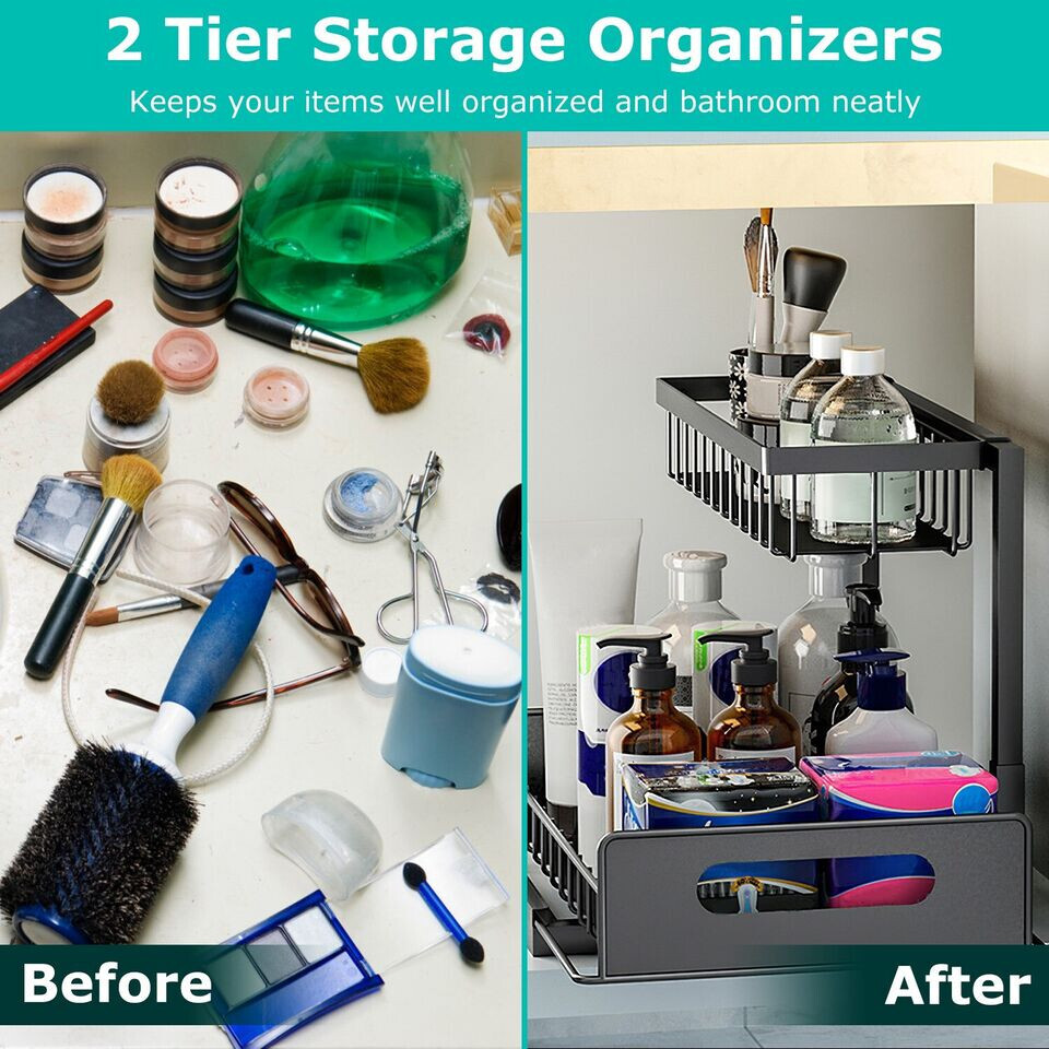 2 Tier Under Sink Pull-out Drawer Storage Shelf Organizer kitchen bathroom Cabin