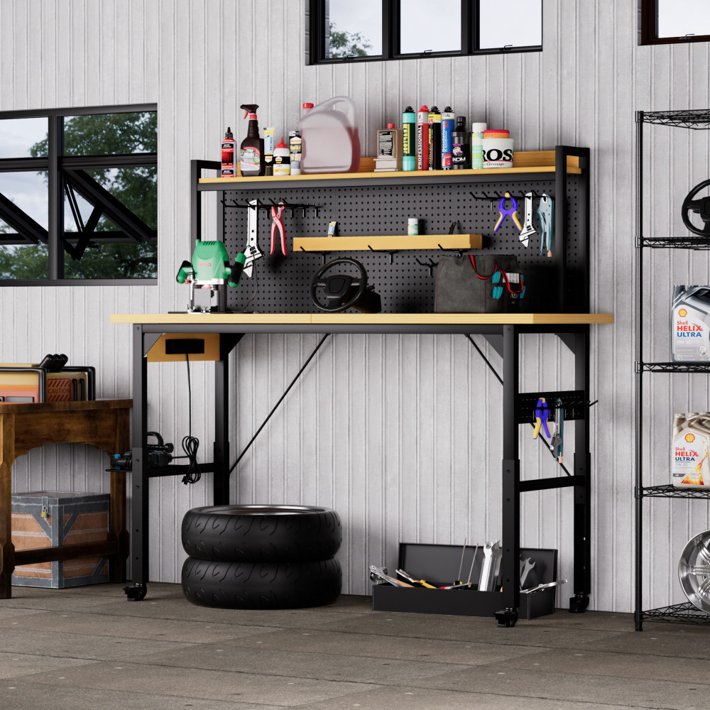 71'' Heavy Duty Adjustable Workbench w/ Wheels, Pegboard, AC/USB Outlet & Shelf