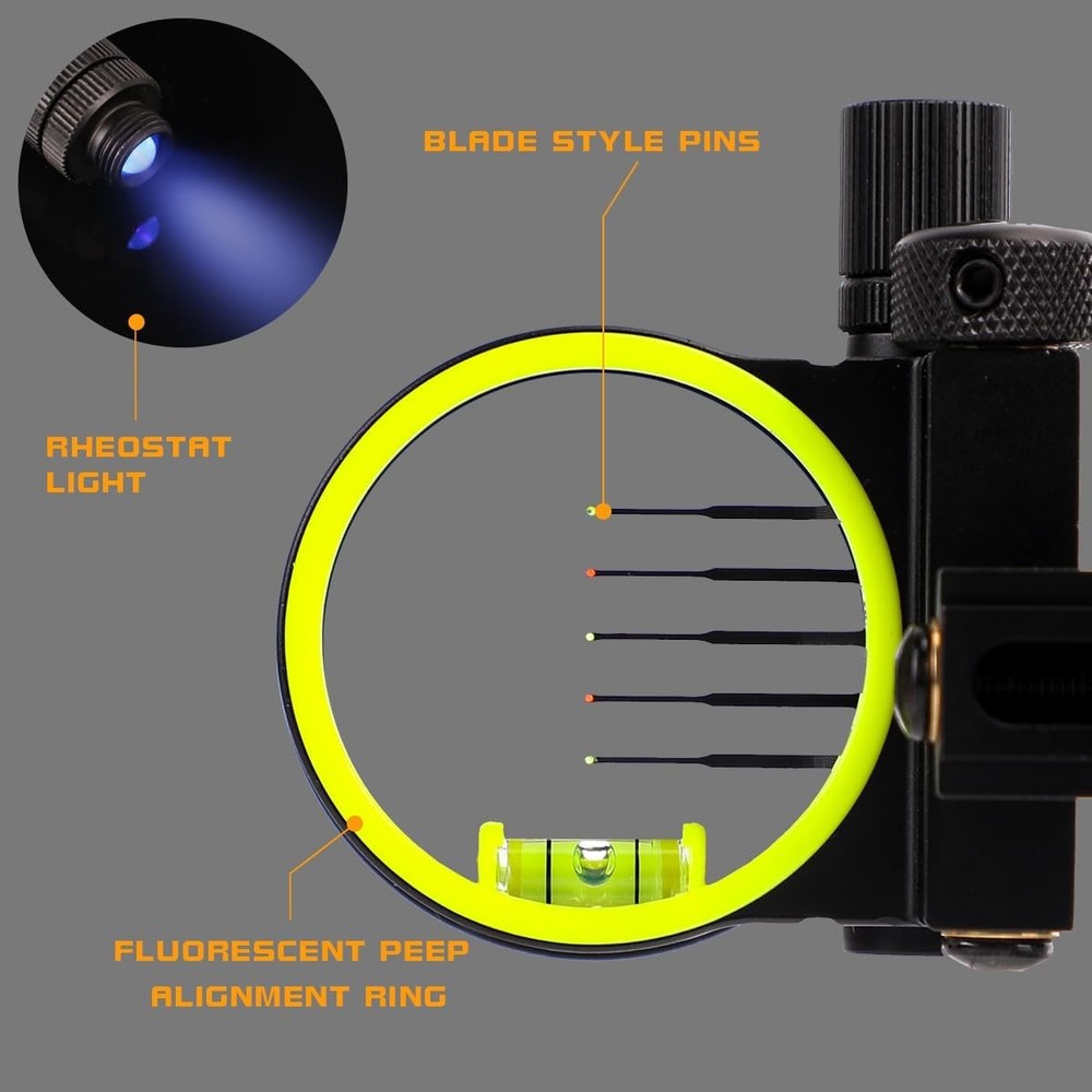 M2 Cpmpound Bow Sight - 5 Pin Archery Sight Short/Long Bar, Tool Less Windage &