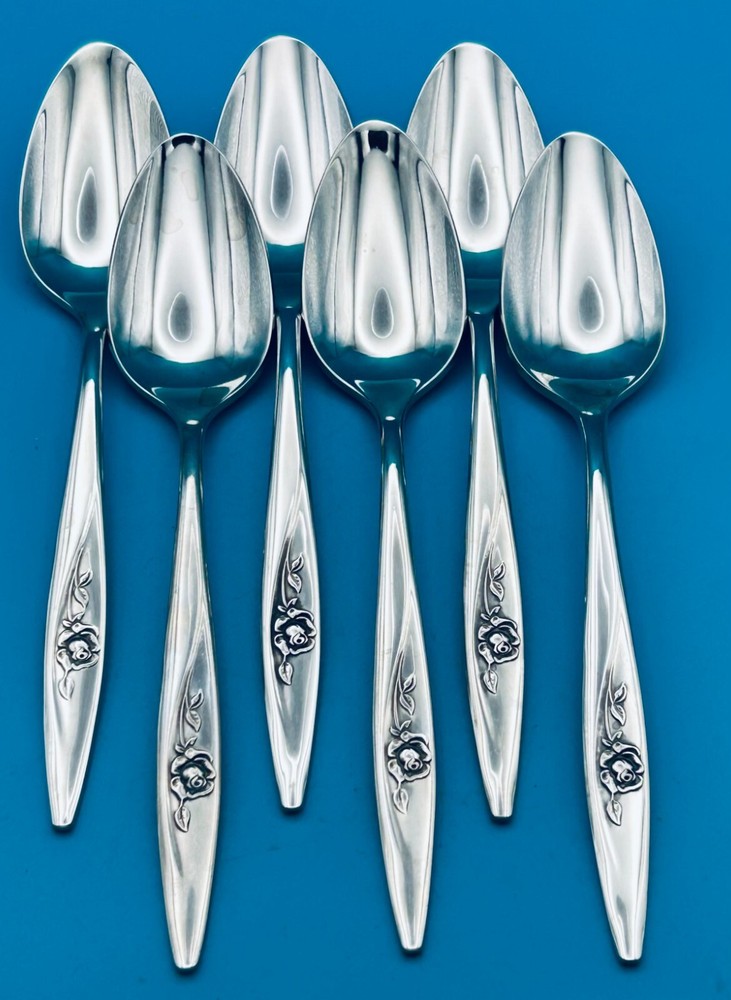 6 SIX Oneida LASTING ROSE Teaspoons 6" Stainless Deluxe Flatware Silverware