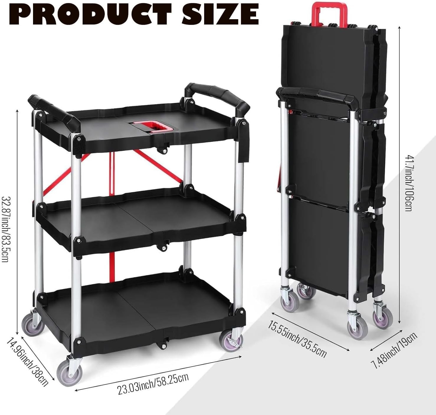 Folding Service Cart Heavy Duty Foldable Utility Cart with 360° Swivel Wheels