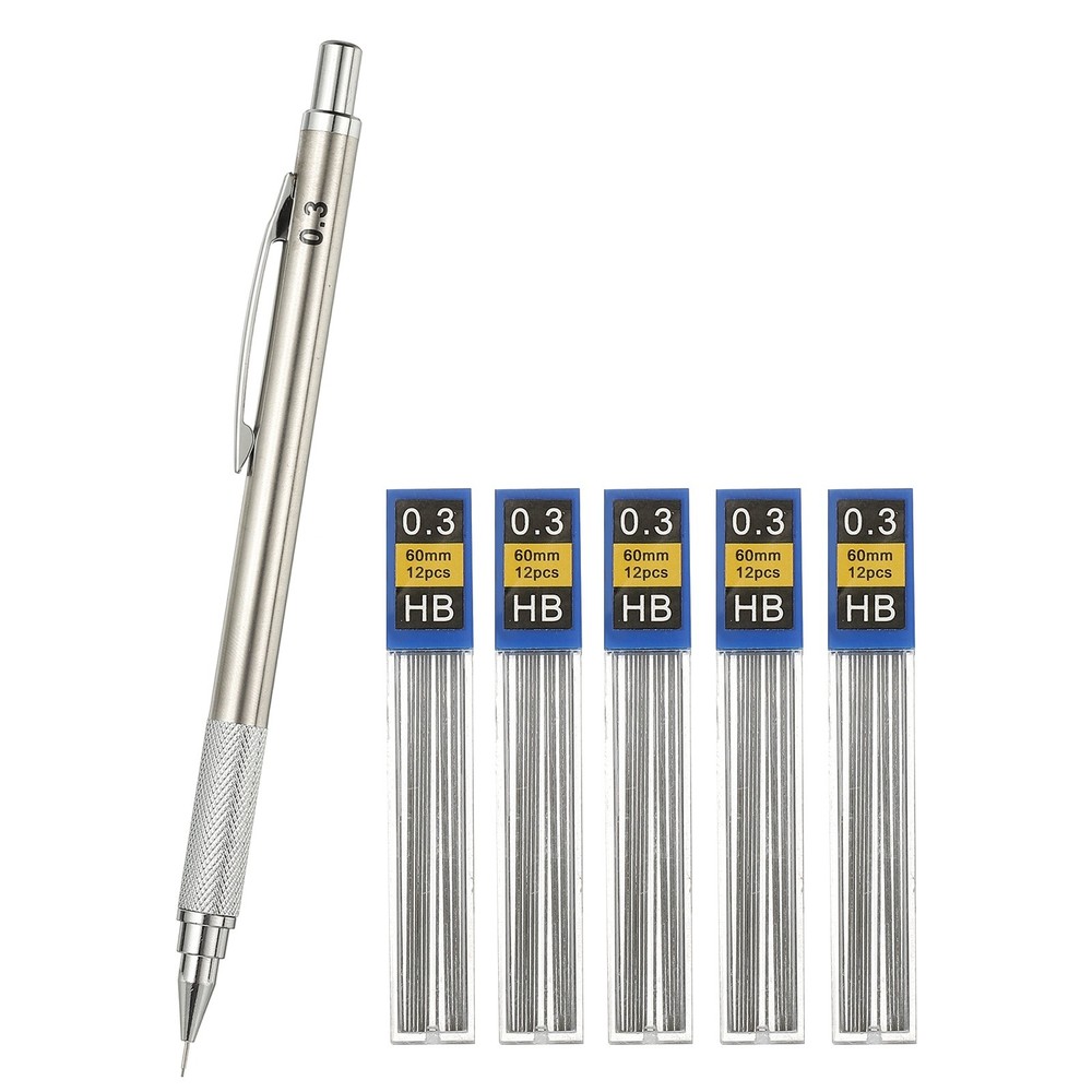 Mechanical Pencil 0.3mm Fine Point with 5Pcs Refills, Silver