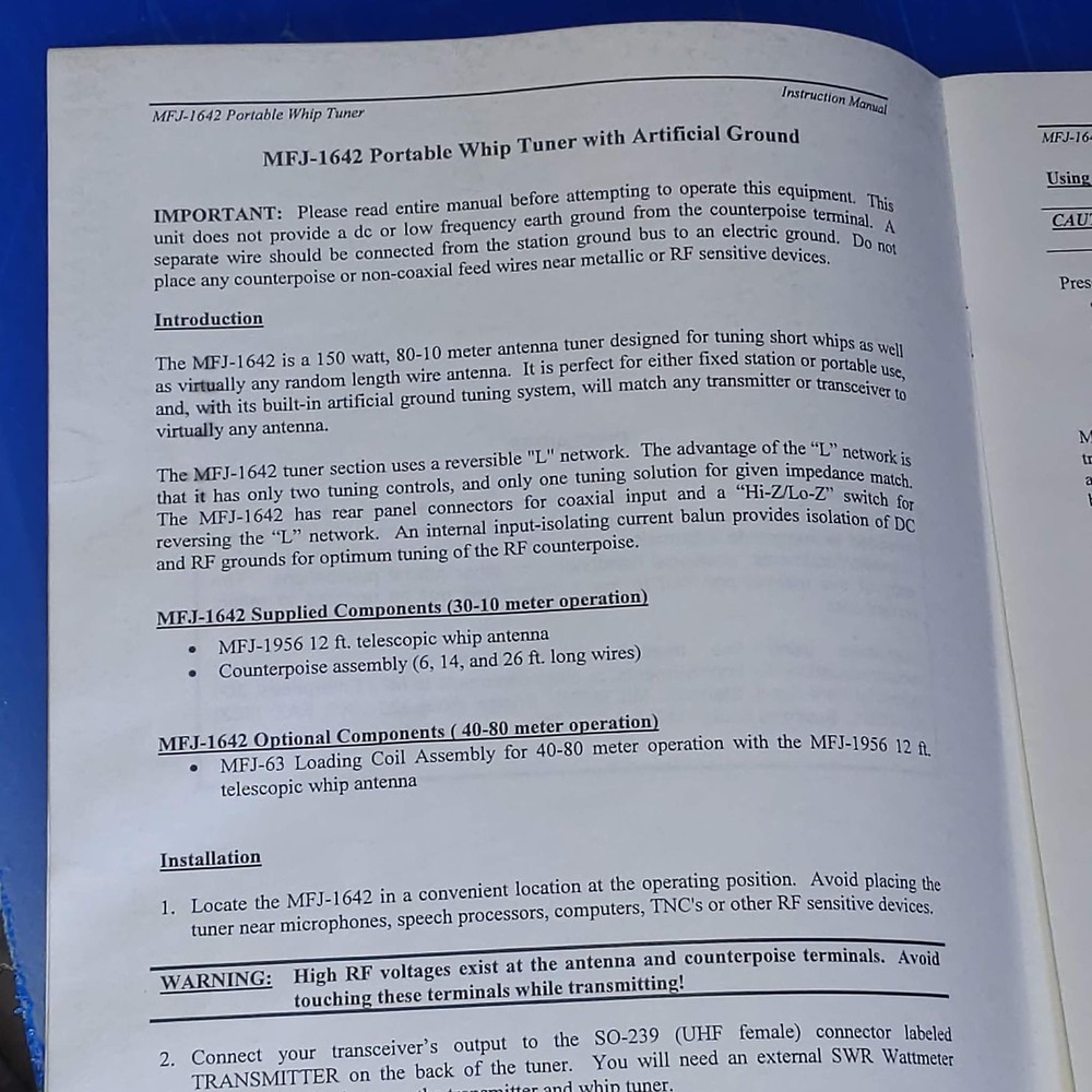 MFJ-1642 Portable Whip Tuner Manual