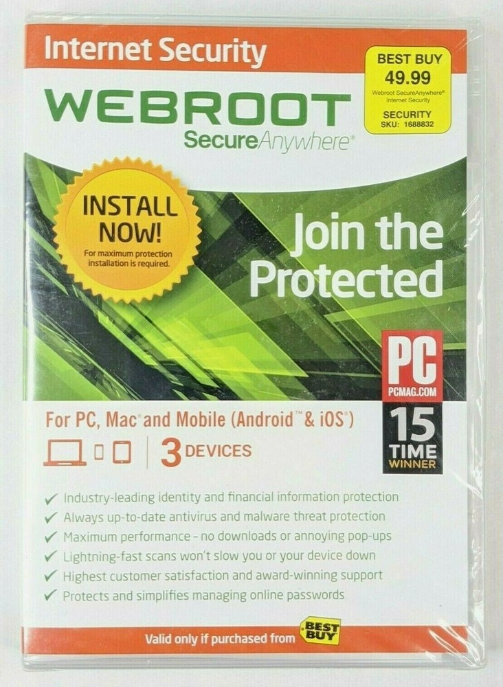 Webroot Secure Anywhere Internet Security 3 Devices for PC/MAC/Mobile NEW SEALED