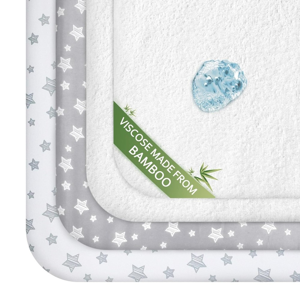 Mini Crib Sheets&Waterproof Bamboo Pack n Play Mattress Protector 4 Pack Set