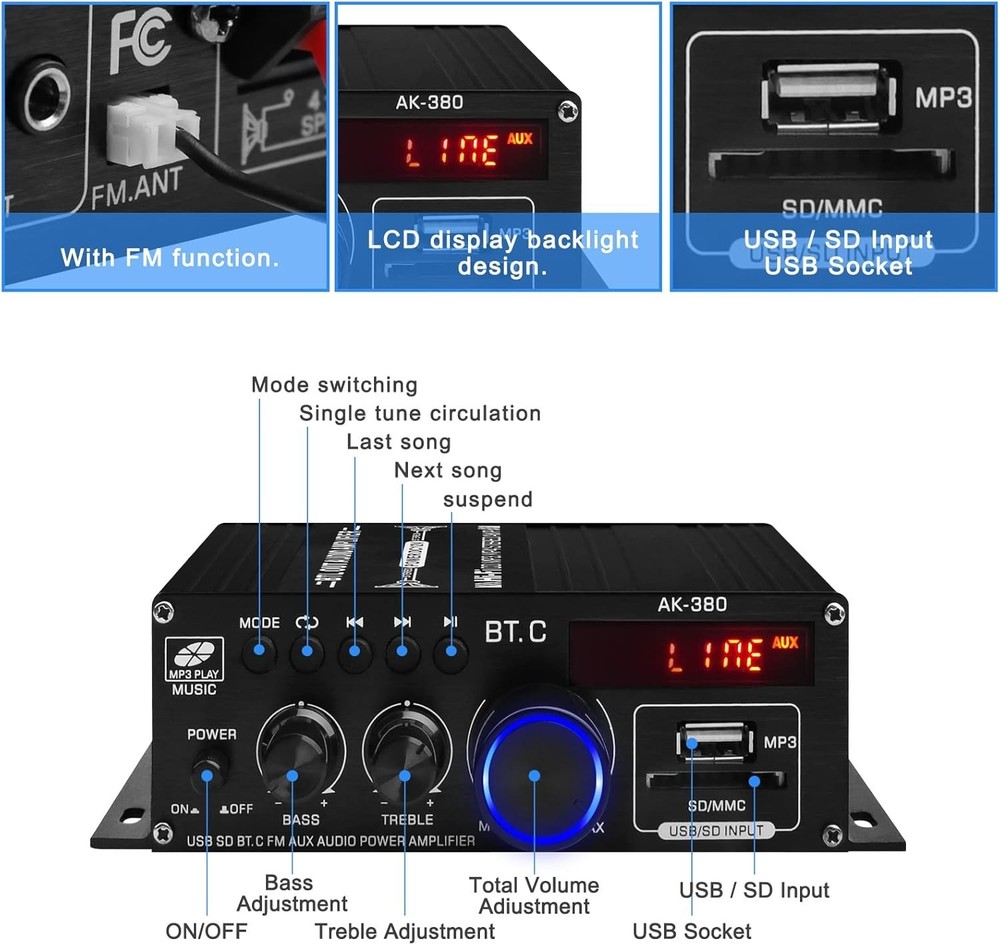 Powerful 2.0 CH AK-380 Bluetooth Amplifier with USB, AUX & Remote Control
