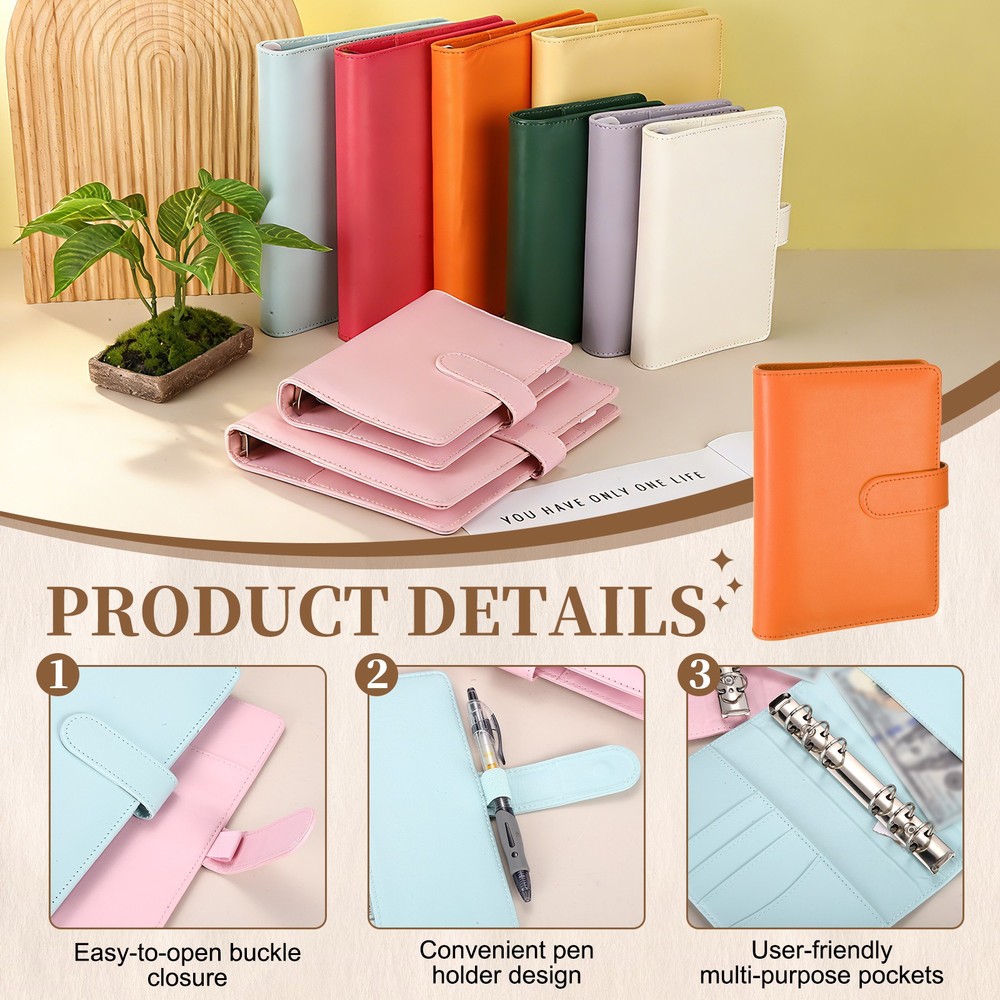 A6 PU Leather Binder Protector, 6 Ring Loose Leaf Notebook Shell, Orange