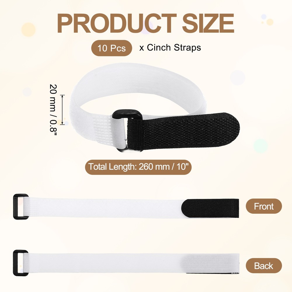 10pcs Reusable Cinch Straps 0.8"x10" Hook and Loop Cable Securing Straps, White