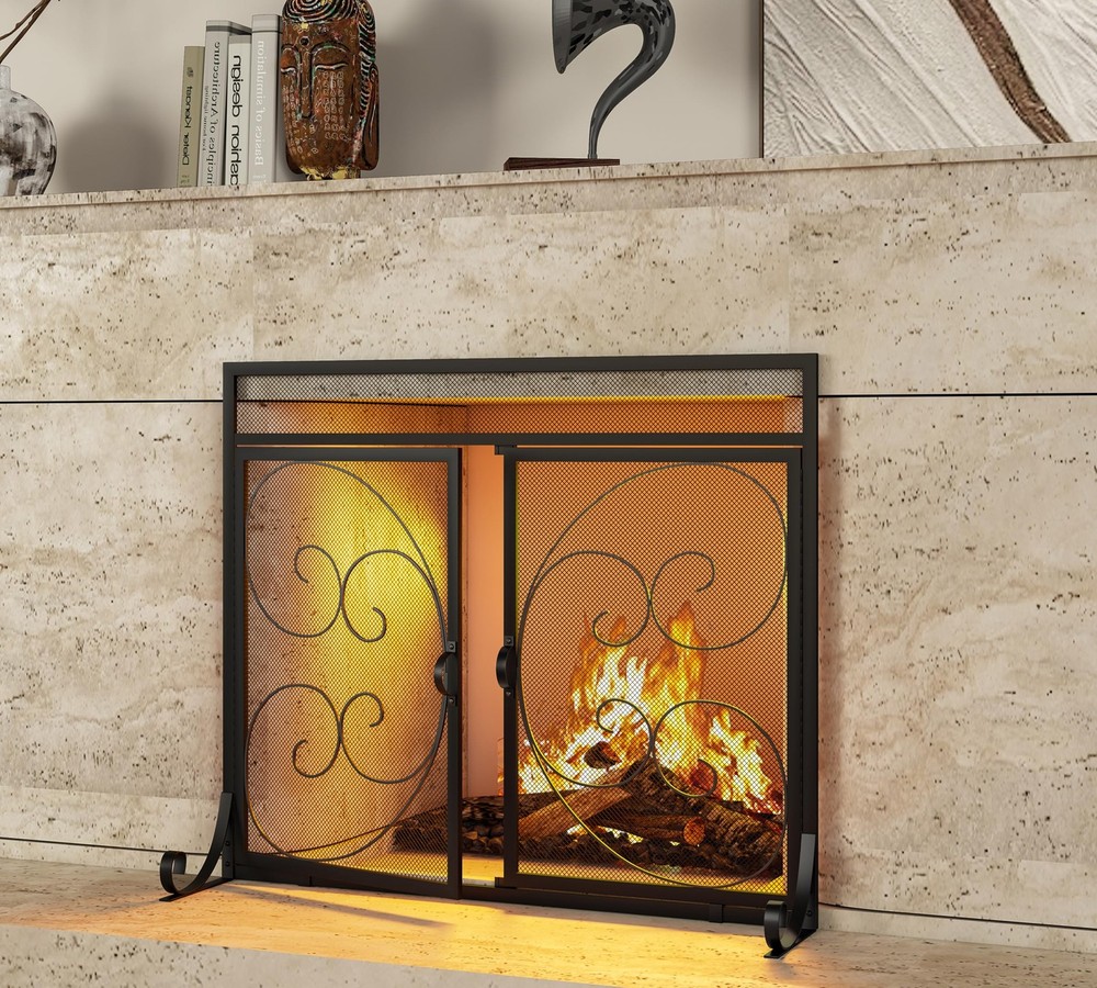 Flat Fireplace Screen with Hinged Doors Handcrafted Wrought Iron Classical Sc...