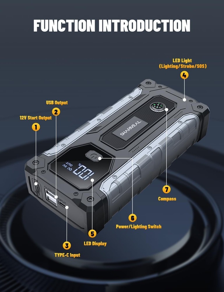 6000A Portable Car Jump Starter with USB Charging and LED Light - Safe & Durable