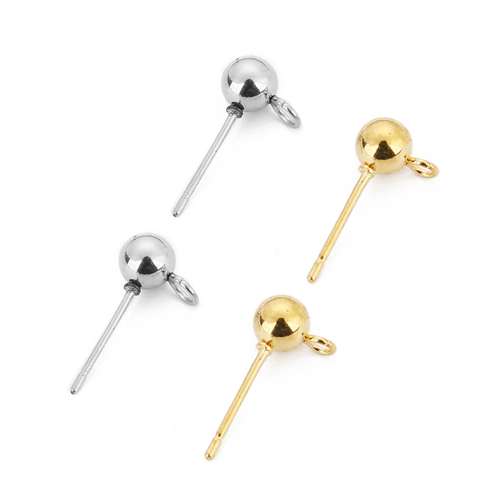 50pcs Stainless Steel 4mm Round Ball Earrings Stud Posts with Loop