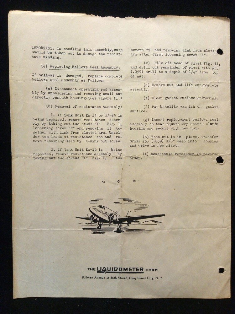 EA-15 EA-16 EA-85 Tank Units Warning Switch Liquidometer Instructions / Manual