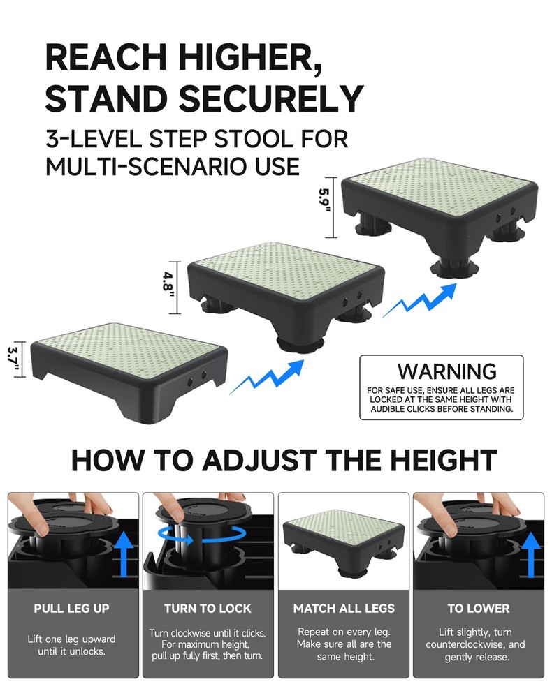 Adjustable Step Stool for Adults, Noctilucent Bed Step Stools, 600 LBS Capaci...
