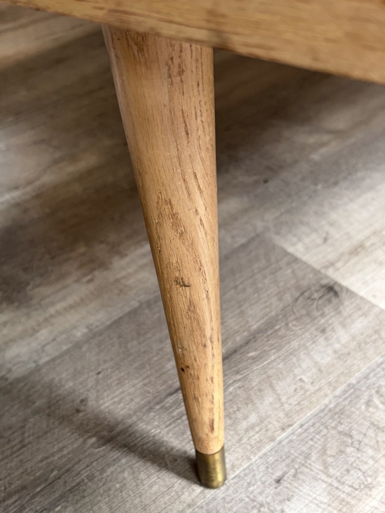MCM Two Tier End Table Formica Top. Brass Capped Legs.